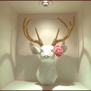 White Faux Taxidermy deer head w/ glitter antlers